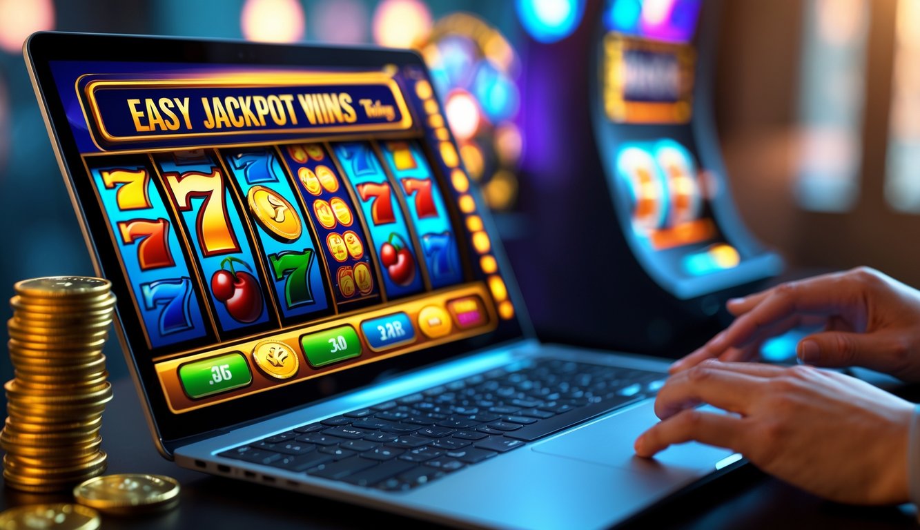 Seorang pemain menggunakan komputer dengan tampilan permainan slot online berwarna cerah yang menunjukkan kemenangan jackpot.
