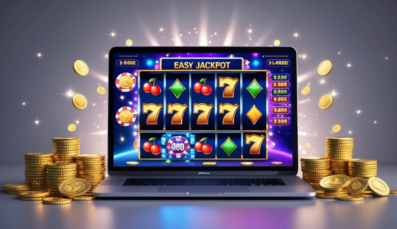 Seorang pengguna bermain game slot online di laptop dengan tampilan gulungan berwarna-warni dan tumpukan koin emas di sekitarnya.