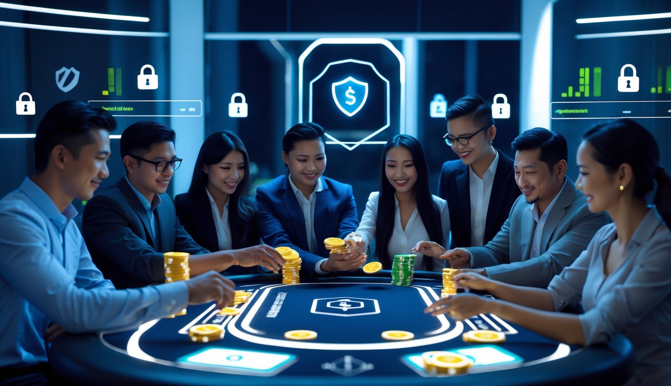 Sekelompok orang bermain poker online di meja digital dengan simbol keamanan dan transaksi cepat di latar belakang.