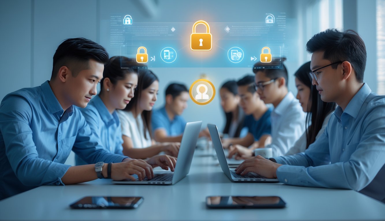 Beberapa orang menggunakan laptop dan ponsel untuk bermain poker online dengan latar belakang simbol keamanan digital.