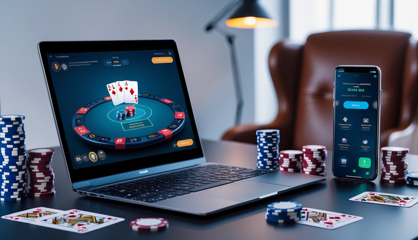 Sebuah meja kerja modern dengan komputer yang menampilkan permainan poker online, dikelilingi chip poker dan kartu bermain.