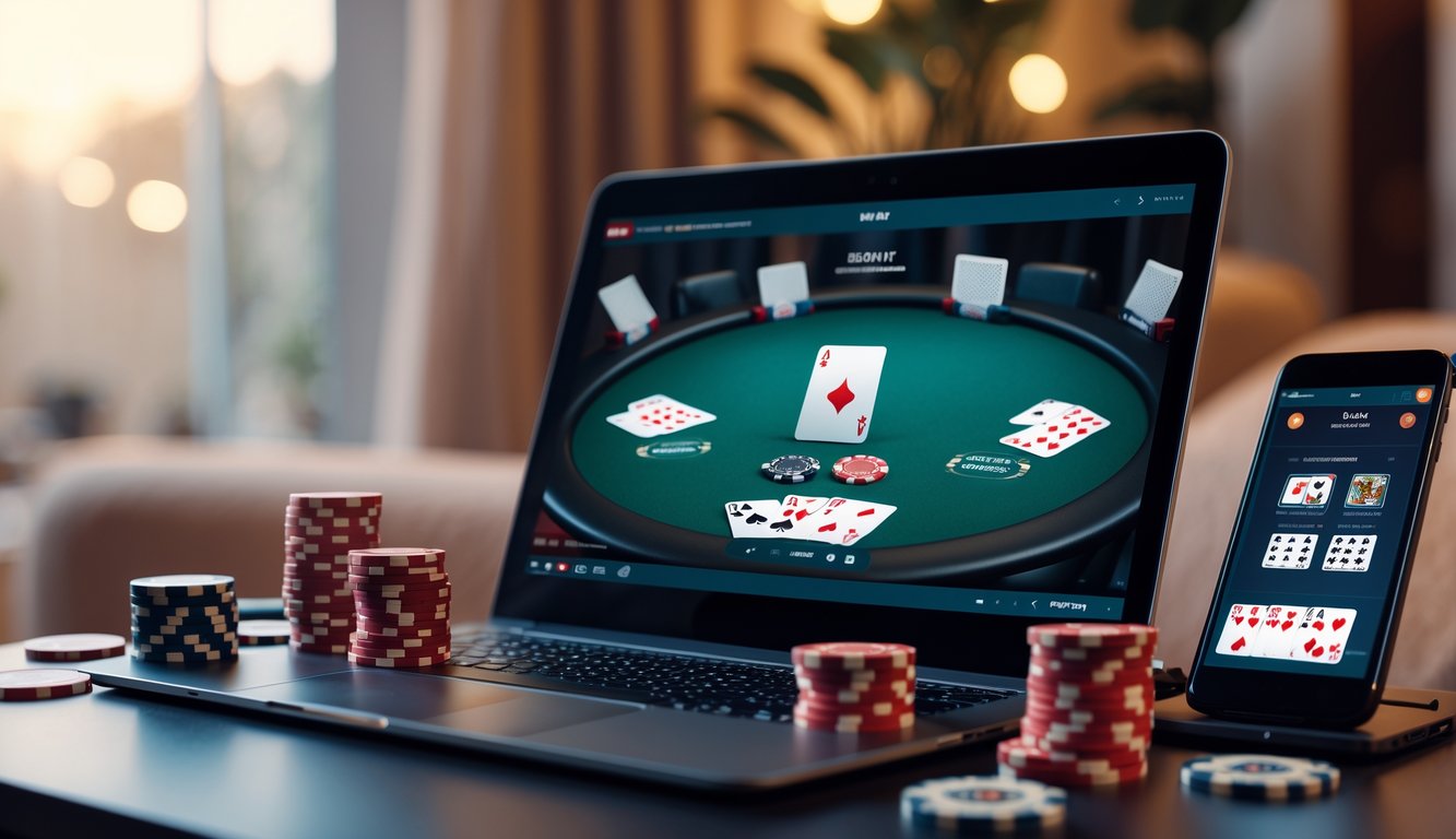 Sebuah meja dengan komputer dan kartu poker serta chip, menggambarkan permainan poker online yang terpercaya dan adil.