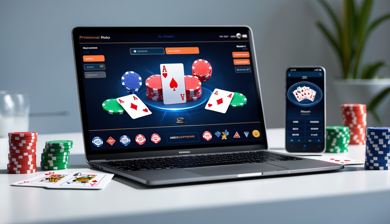 Seorang pria menggunakan laptop dengan tampilan permainan poker online dan beberapa chip poker di mejanya.