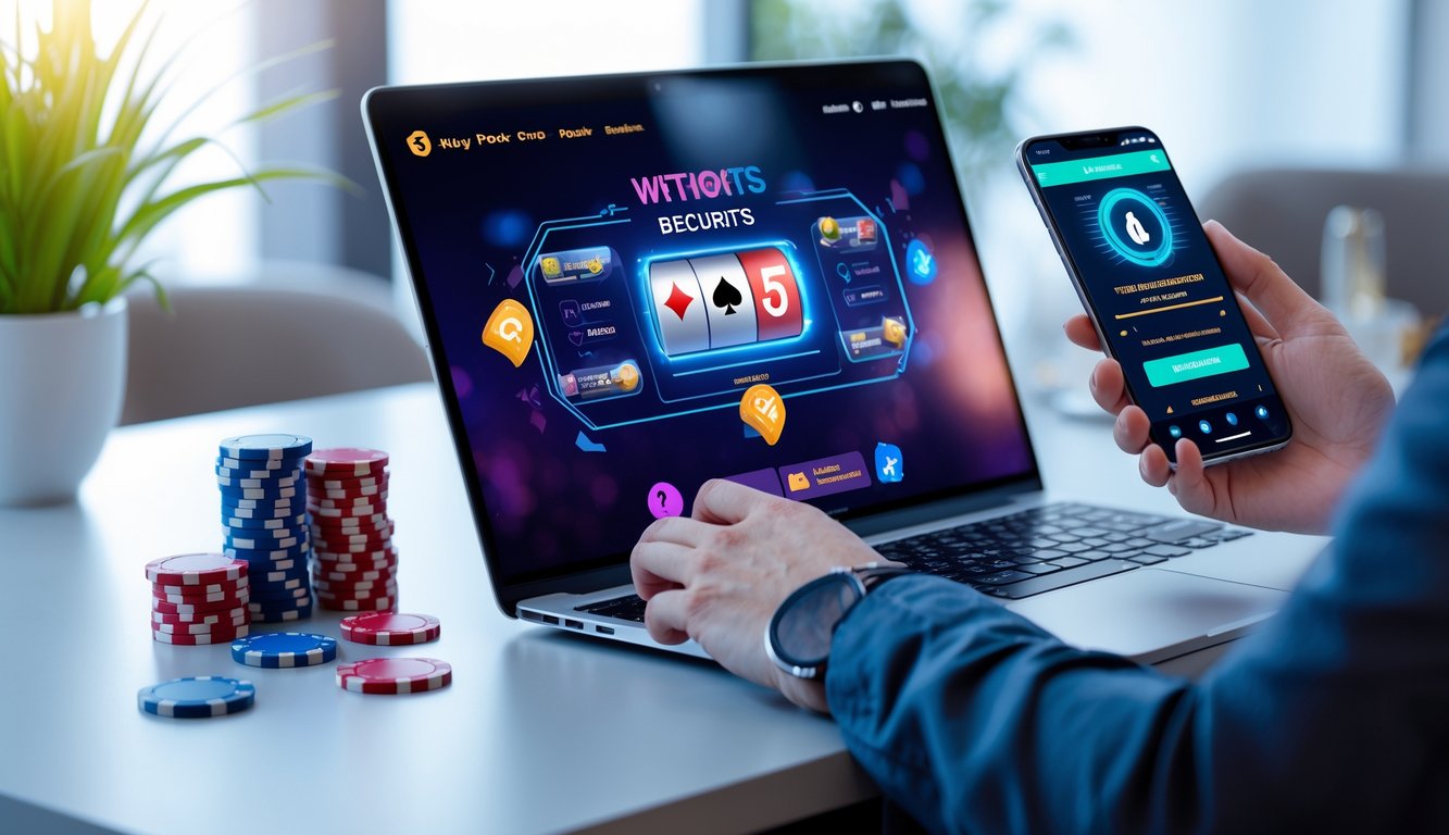 Seorang pemain poker online menggunakan laptop dan smartphone dengan chip poker di meja, menunjukkan proses deposit murah dan penarikan cepat.
