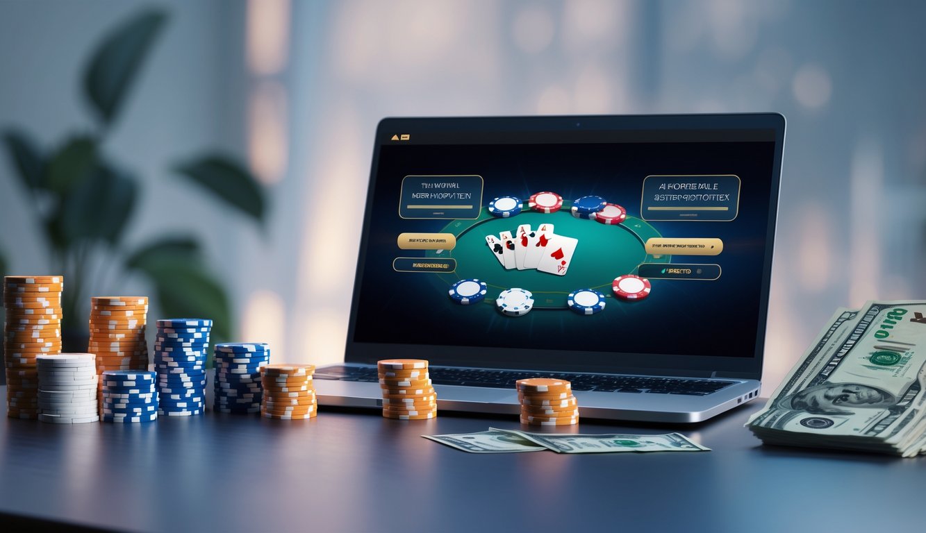 Sebuah meja kerja dengan laptop menampilkan permainan poker online, tumpukan chip poker, ponsel dengan aplikasi transaksi, dan uang tunai di sekitarnya.
