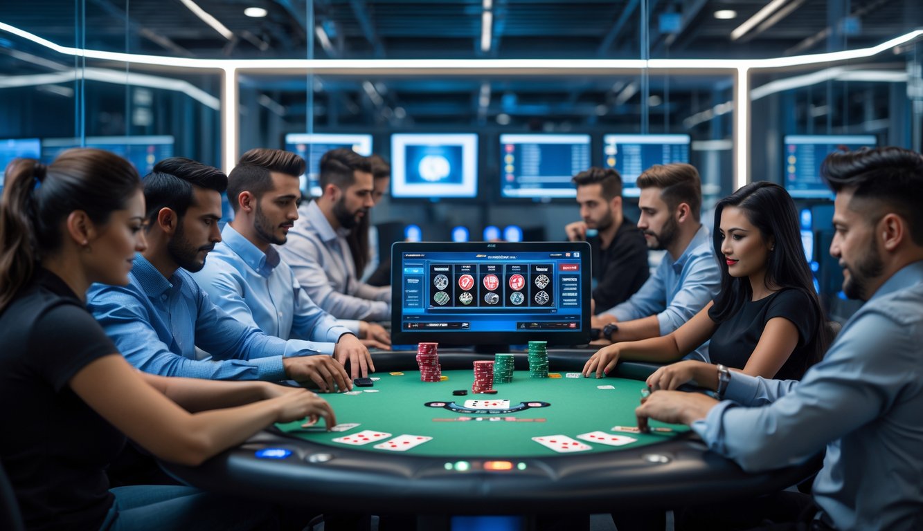 Sekelompok pemain poker sedang bermain di meja poker digital dengan layar dan server komputer di latar belakang.