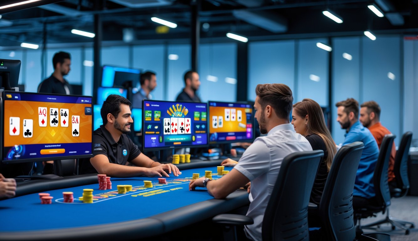 Beberapa pemain sedang bermain poker online di sebuah ruangan dengan beberapa monitor dan peralatan teknologi.