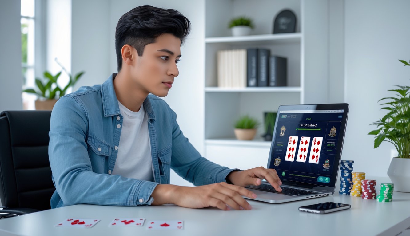 Seorang dewasa muda duduk di meja dengan laptop yang menampilkan permainan poker, terlihat fokus dan tenang di ruang kerja rumah yang rapi.