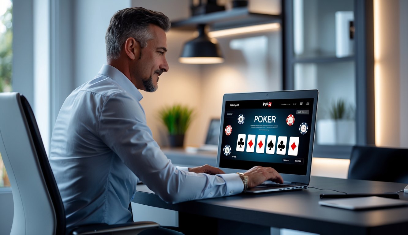Seorang pria dewasa duduk di meja modern menggunakan laptop dengan tampilan permainan poker online di layar, di ruangan rumah yang terang dan rapi.