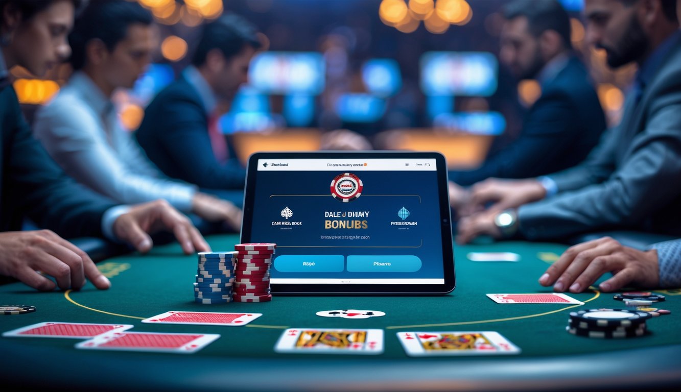 Meja poker modern dengan chip, kartu, dan tablet digital menampilkan permainan poker, suasana turnamen dengan pemain fokus di latar belakang.