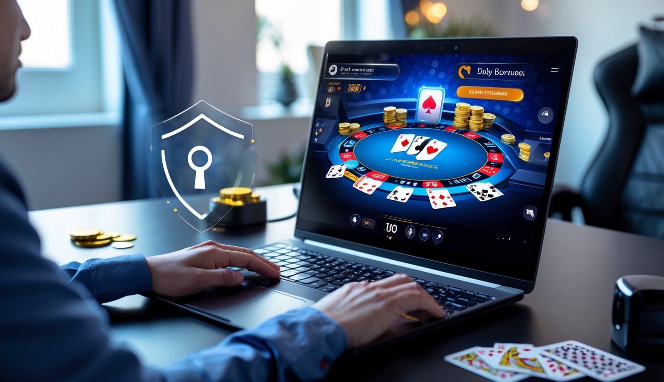 Sebuah meja kerja dengan komputer yang menampilkan permainan poker online, dikelilingi chip poker dan kartu bermain.