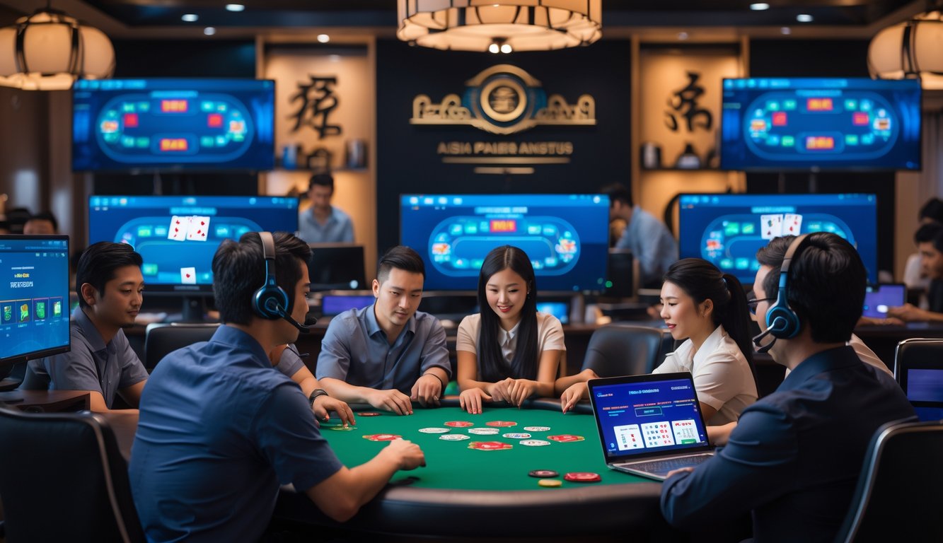 Seorang perwakilan layanan pelanggan dengan headset membantu pemain poker online di depan meja poker digital dengan beberapa perangkat elektronik.