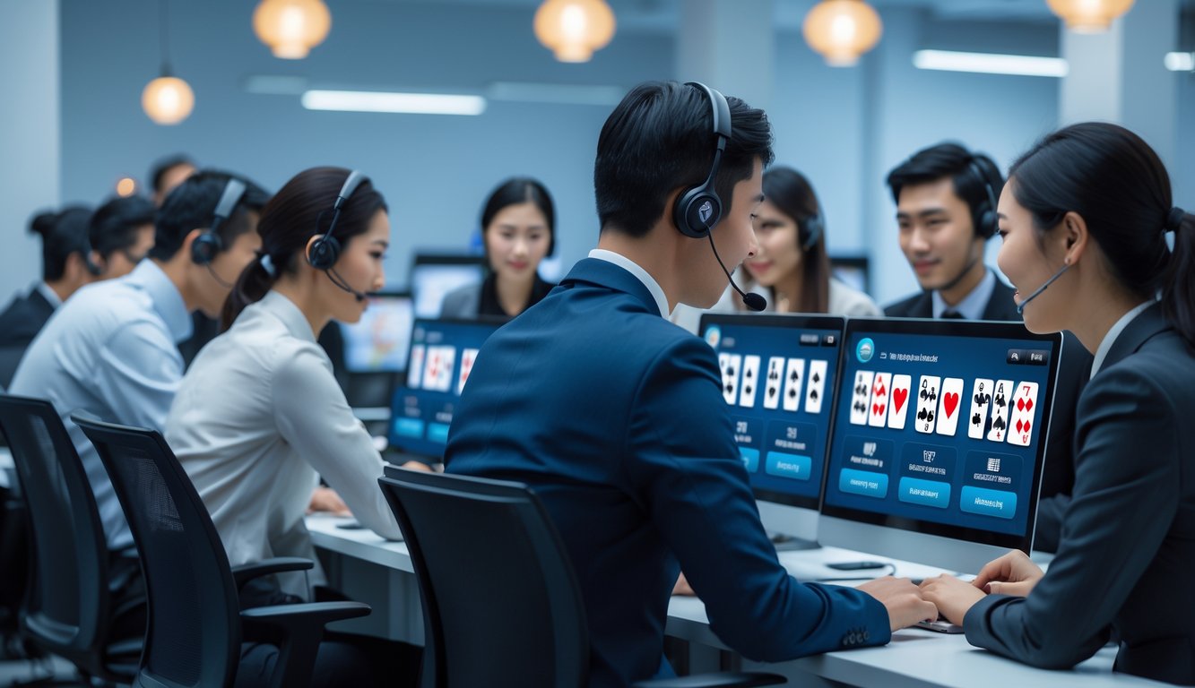Beberapa orang sedang bermain poker online di depan layar komputer dengan seorang petugas layanan pelanggan yang menggunakan headset membantu melalui live chat.