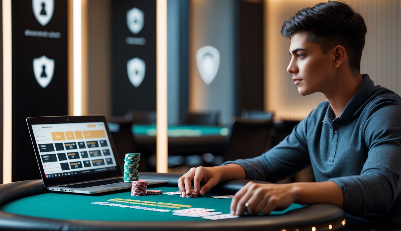 Seorang pemuda duduk di meja poker dengan kartu dan chip, menggunakan perangkat digital untuk bermain poker online.