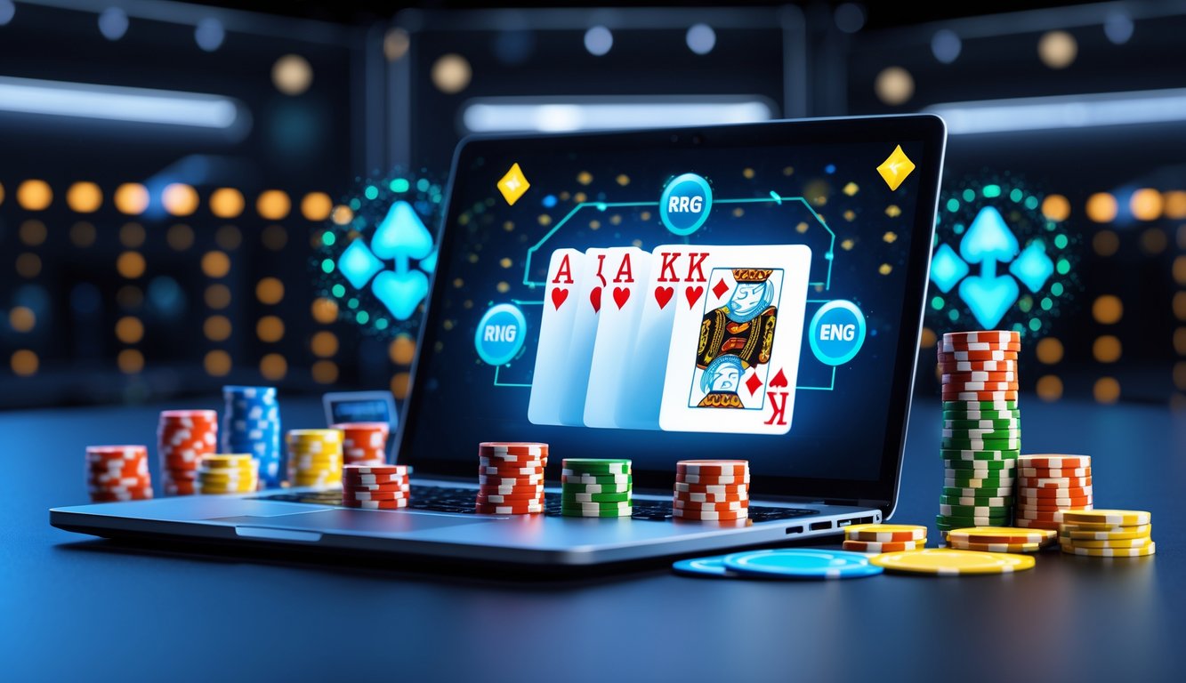 Seorang pemain poker online menggunakan laptop dengan meja poker digital dan chip yang tersusun rapi di layar, menunjukkan suasana permainan yang adil dan peluang menang besar.