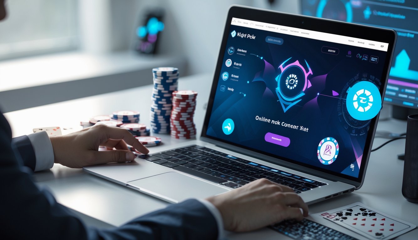 Sebuah meja dengan komputer dan perlengkapan poker online yang menunjukkan suasana permainan poker yang aman dan terpercaya.
