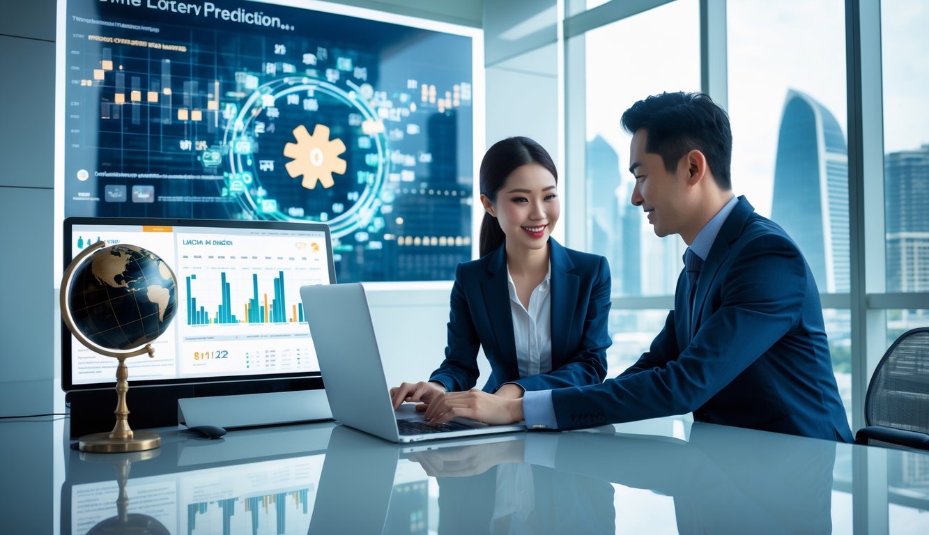 Dua orang profesional sedang bekerja bersama di kantor modern dengan layar digital dan pemandangan kota Macau di latar belakang.