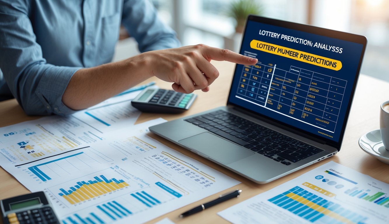 Sebuah ruang kerja modern dengan laptop, kertas berisi data angka, kalkulator, dan secangkir kopi, menampilkan suasana fokus dan analisis prediksi angka togel.