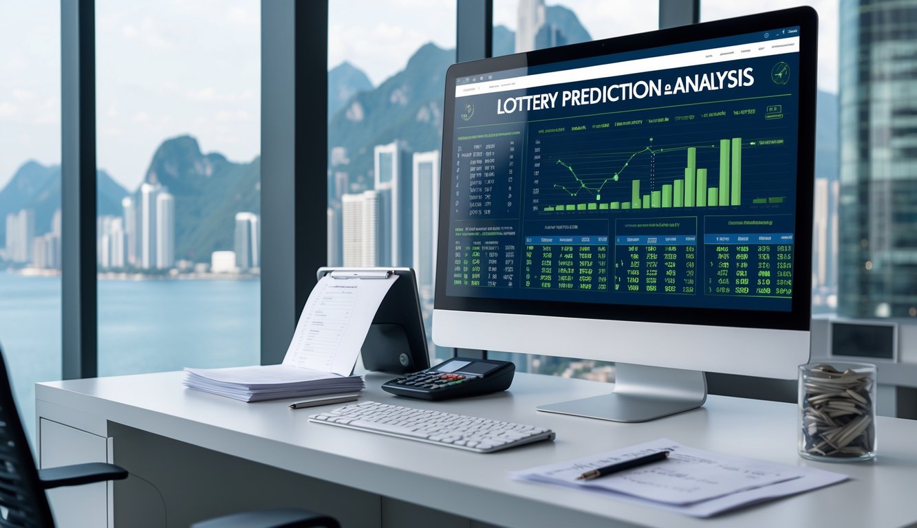 Sebuah meja kerja modern dengan komputer yang menampilkan data angka dan grafik prediksi togel, dengan peta Macau di latar belakang.