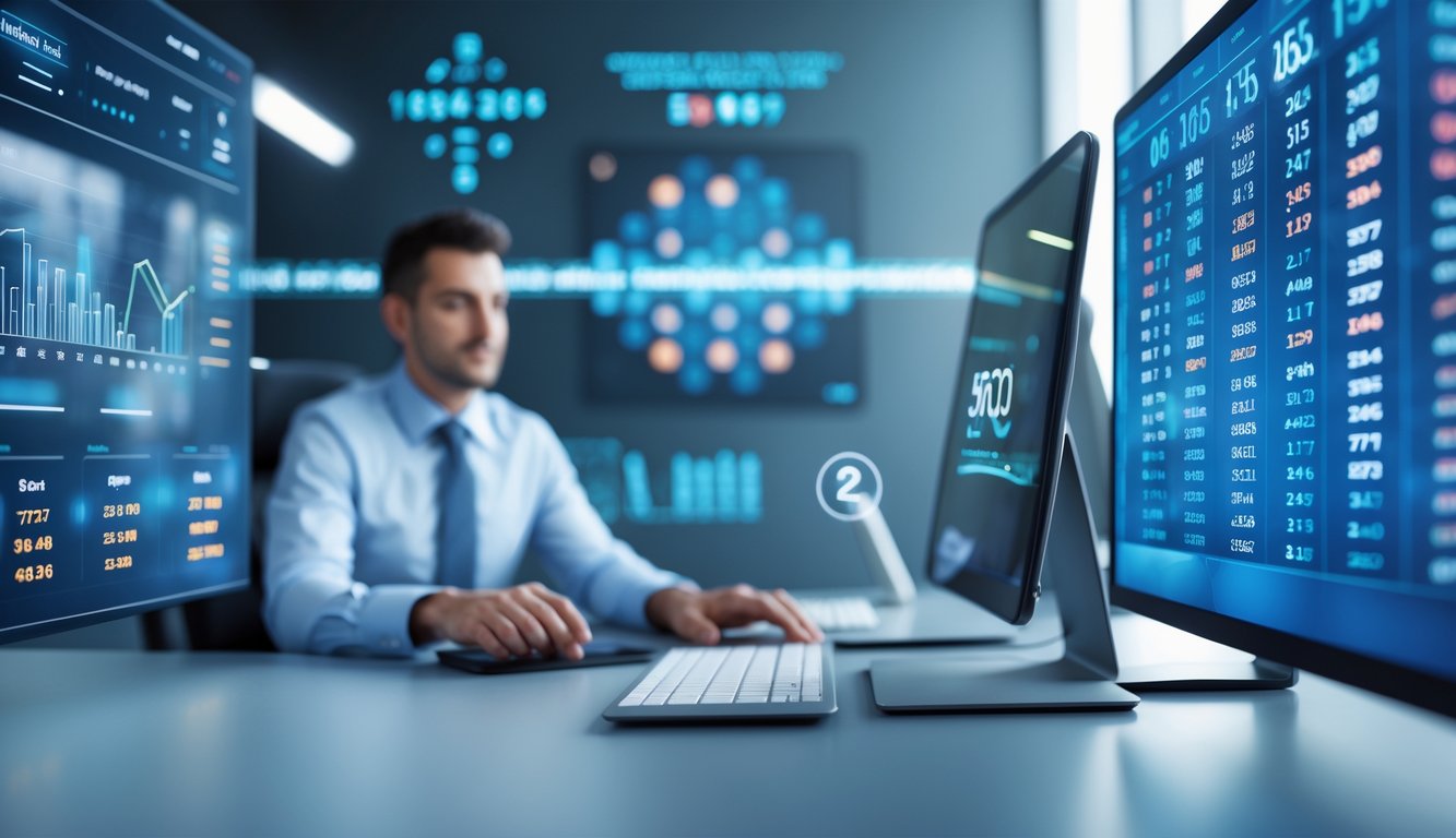 Seseorang sedang menganalisis data angka di meja kerja modern dengan beberapa layar digital yang menampilkan grafik dan angka.