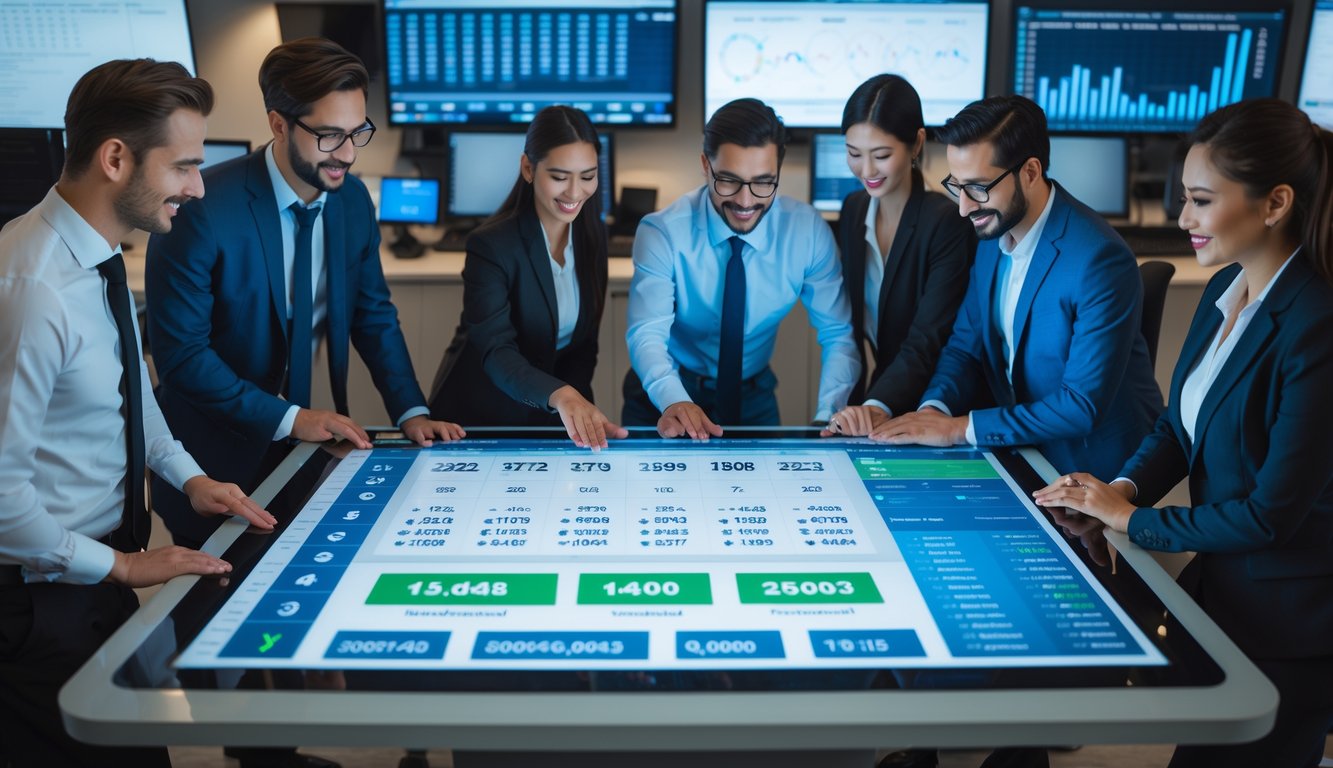 Sekelompok profesional sedang bekerja bersama di kantor modern dengan layar digital menampilkan data dan grafik analisis angka.