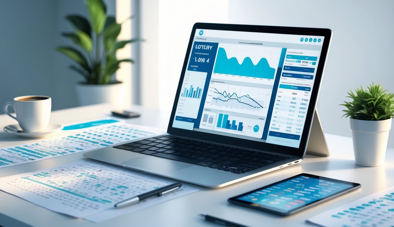 Meja kerja modern dengan laptop, tablet, dan dokumen berisi data angka serta alat tulis, menggambarkan suasana analisis prediksi togel.