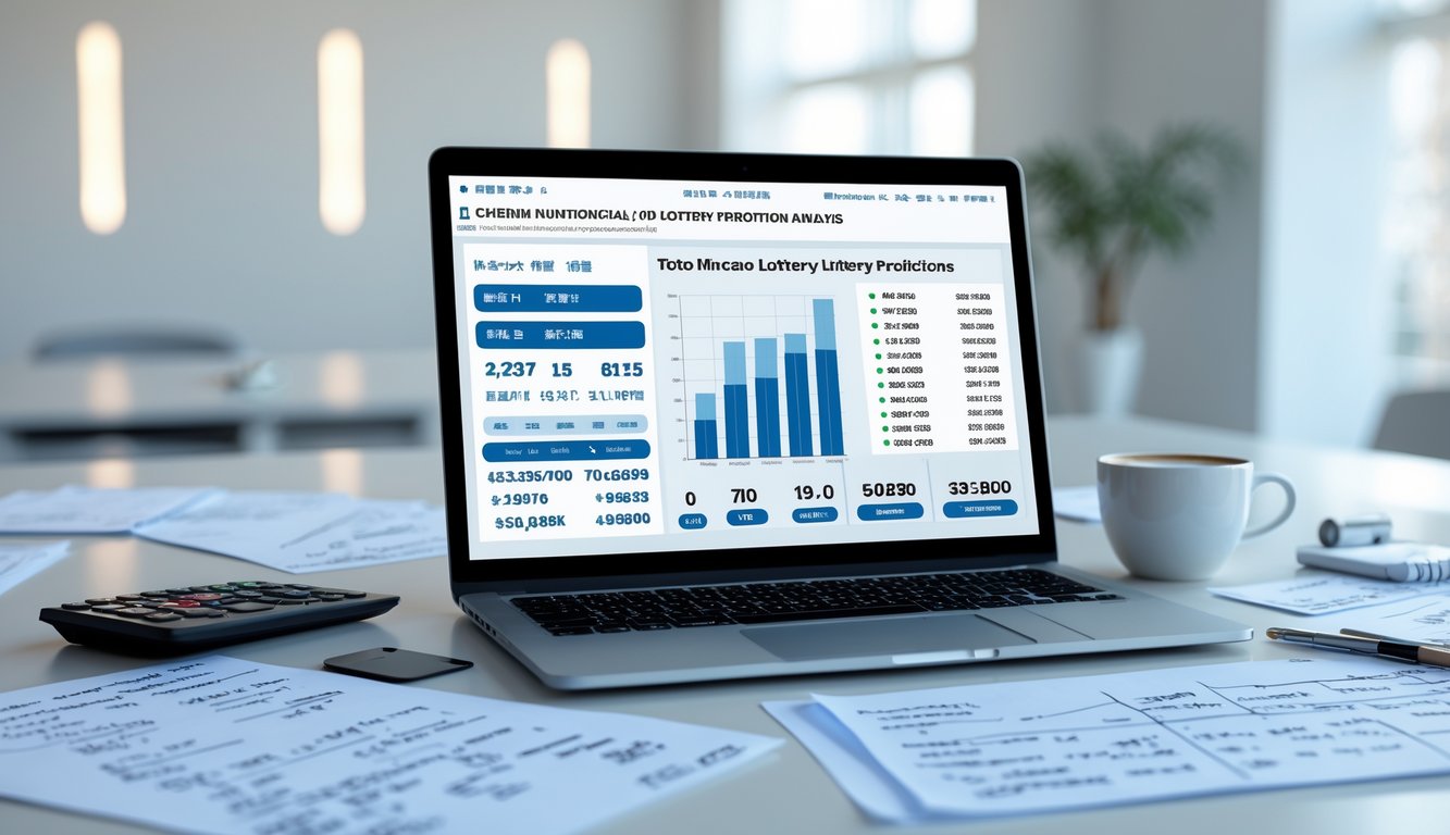 Meja kerja modern dengan laptop yang menampilkan data angka dan grafik, kertas catatan dengan perhitungan, kalkulator, dan secangkir kopi di ruang kantor yang terang.