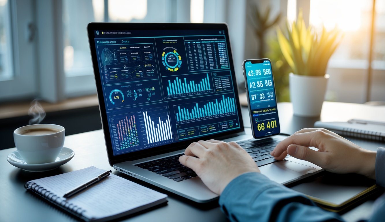 Meja kerja modern dengan laptop menampilkan grafik dan angka, tangan mengetik di keyboard, dan ponsel dengan tampilan data, di atas meja terdapat buku catatan dan cangkir kopi.