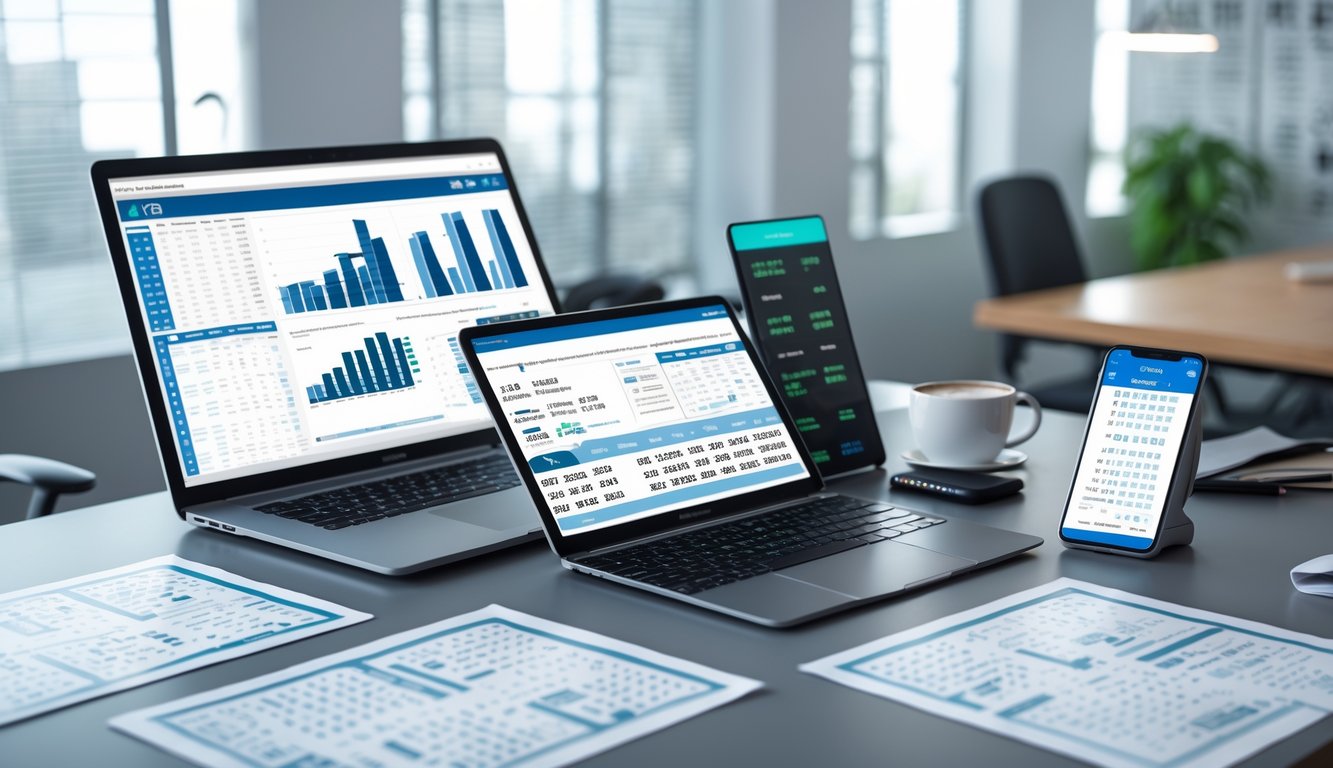 Meja kerja modern dengan perangkat digital dan dokumen data angka untuk analisis prediksi Toto Macau.