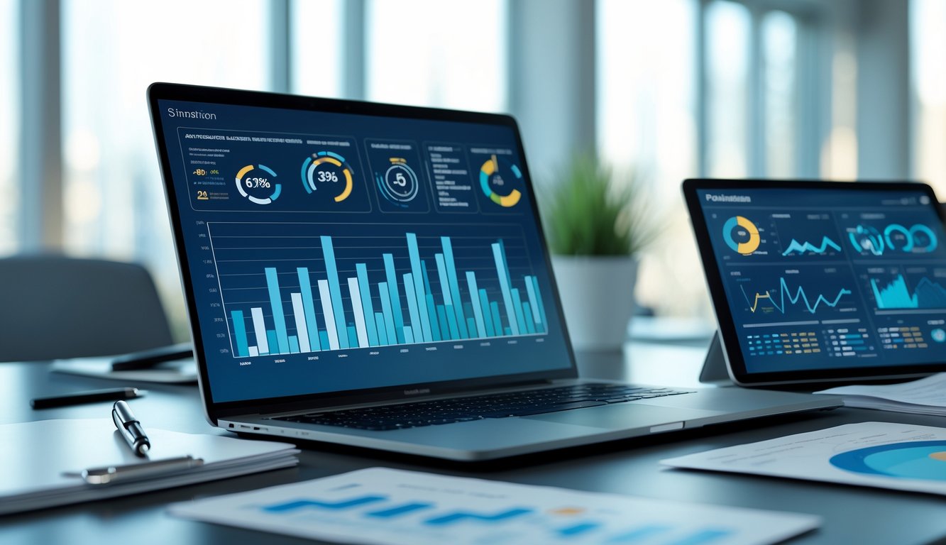 Meja kerja modern dengan laptop yang menampilkan grafik statistik, dokumen tertata rapi, dan tablet digital di lingkungan kantor yang terang.