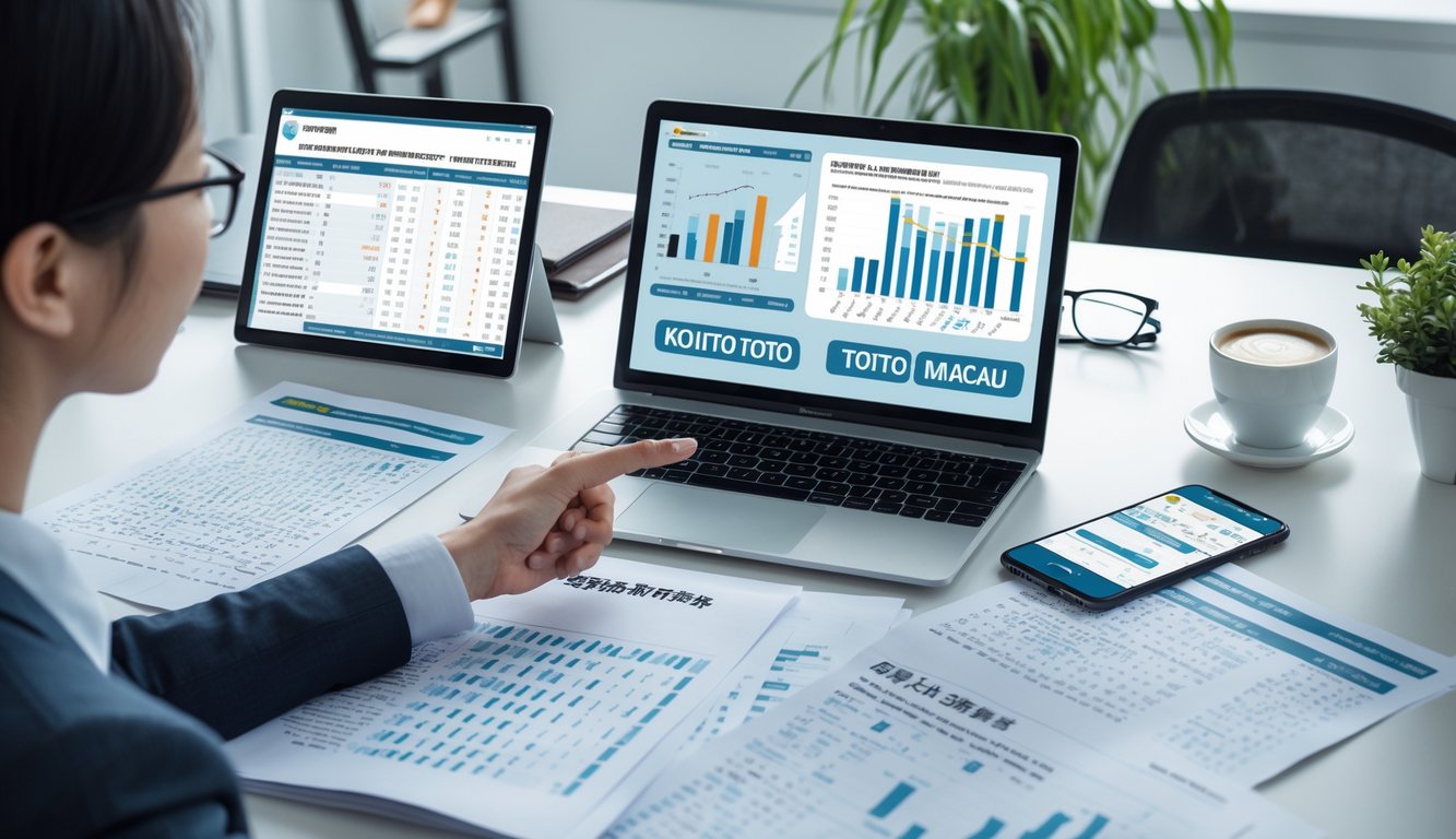 Meja kerja modern dengan perangkat digital dan catatan statistik yang menunjukkan analisa prediksi angka togel.