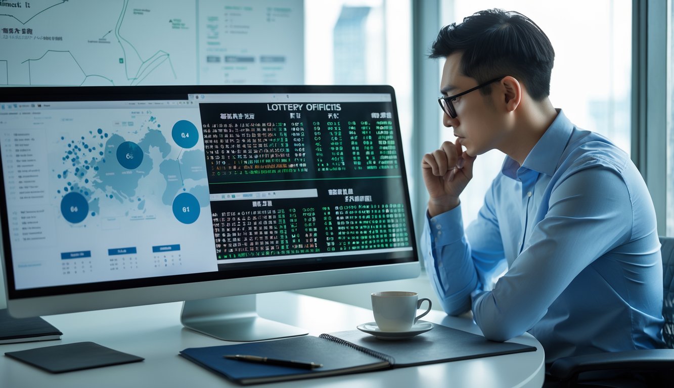 Seorang profesional sedang menganalisis data angka lotere di depan komputer di ruang kantor modern.