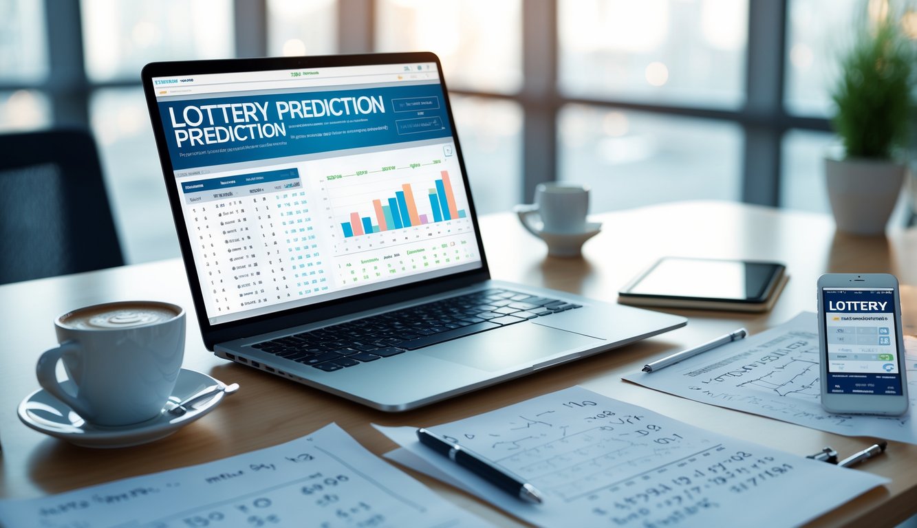 Meja kerja modern dengan laptop menampilkan grafik dan data angka lotre, kertas catatan, pena, dan ponsel di ruangan kantor yang terang.