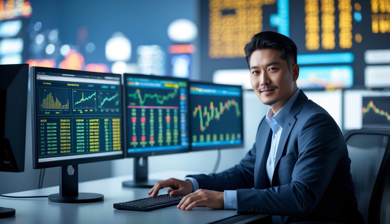 Seorang pria Asia sedang bekerja di kantor dengan beberapa monitor yang menampilkan grafik dan angka prediksi, dengan latar belakang kota Macau.