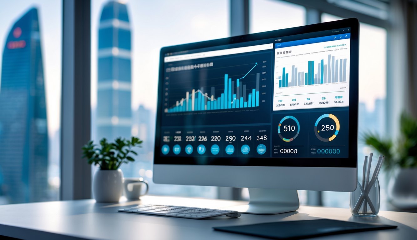 Sebuah ruang kerja modern dengan komputer yang menampilkan grafik dan data prediksi angka togel, dengan latar belakang samar yang menunjukkan pemandangan kota Macau.