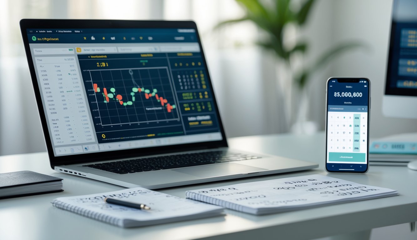 Meja kerja modern dengan laptop, catatan angka, dan ponsel yang menampilkan data prediksi lotere.