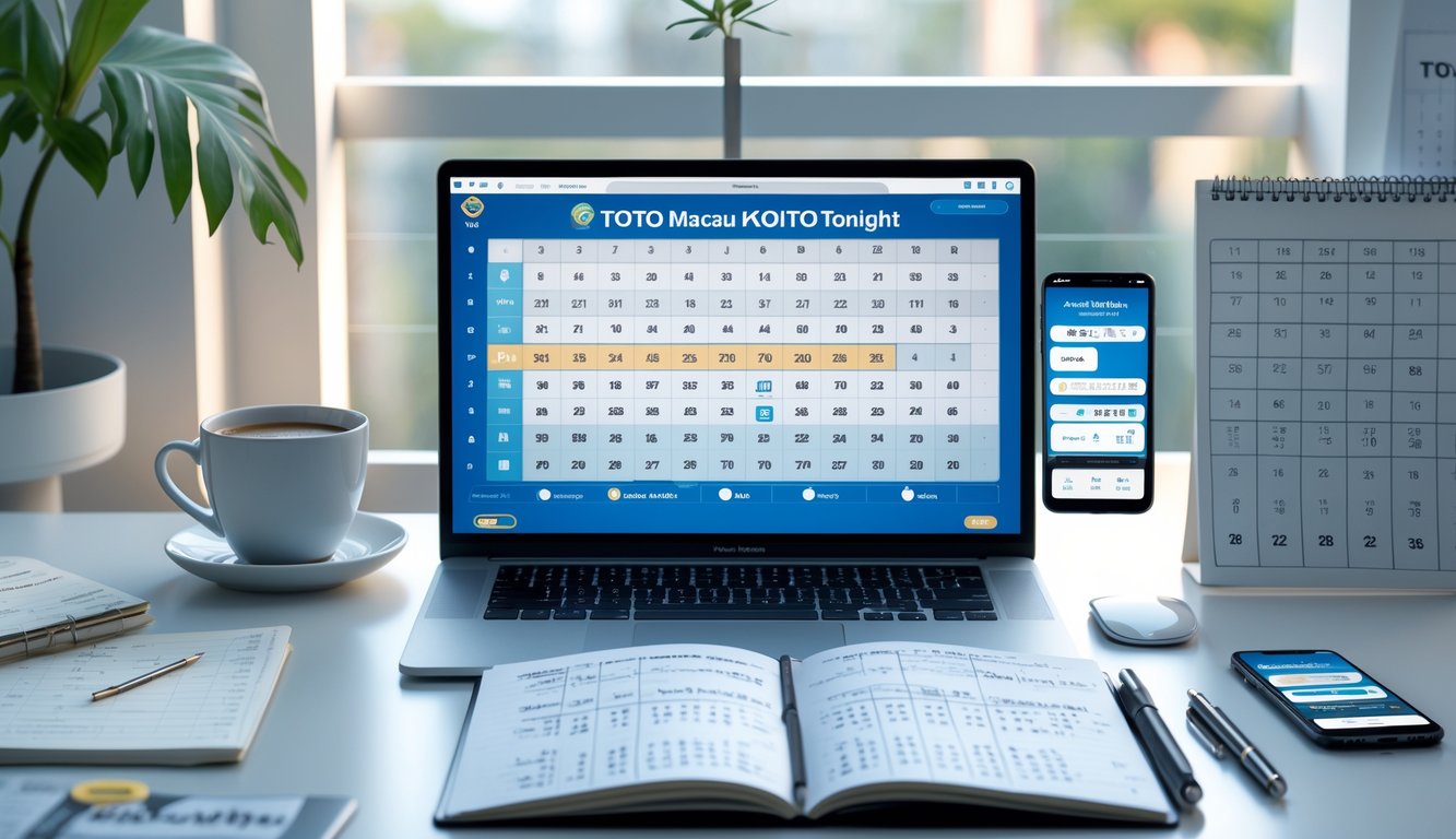 Meja kerja dengan laptop, buku catatan, dan smartphone yang menampilkan data prediksi togel, dengan pencahayaan alami dan suasana terorganisir.