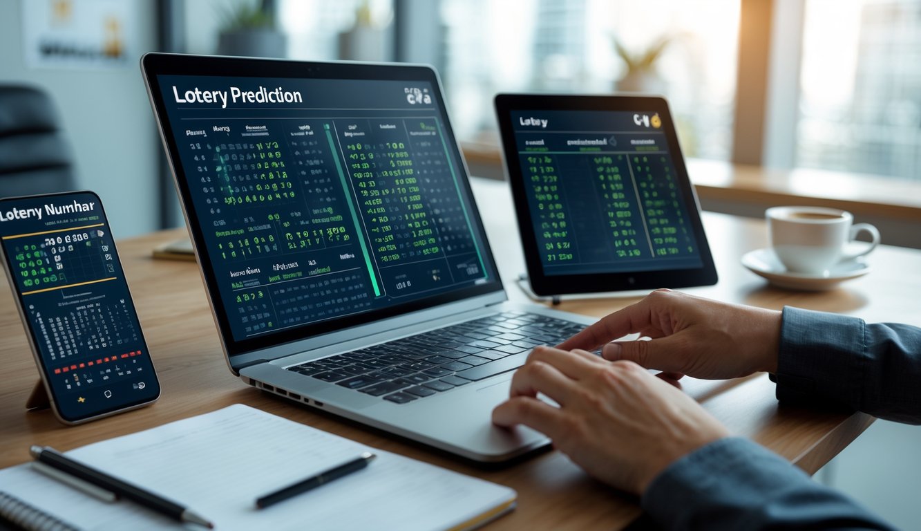 Seorang profesional sedang bekerja dengan laptop dan perangkat digital di meja kantor, menganalisis data angka untuk prediksi togel.