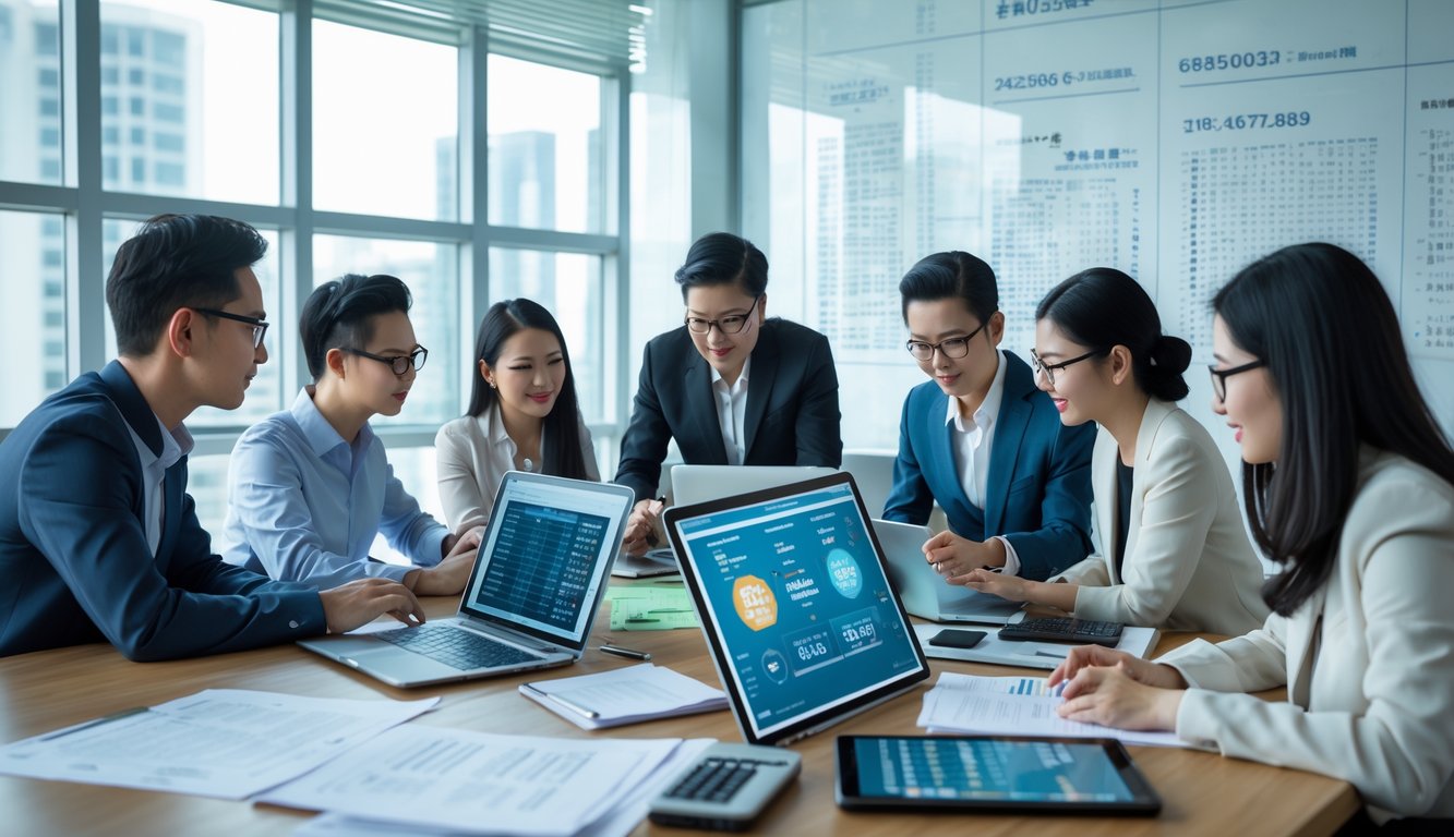 Sekelompok orang bekerja bersama di meja dengan laptop dan dokumen, menganalisis data prediksi togel dalam suasana kantor yang terang.