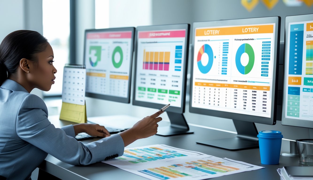 Seorang pria sedang menganalisis data lotre di meja kerja dengan beberapa layar komputer yang menampilkan grafik dan statistik angka.
