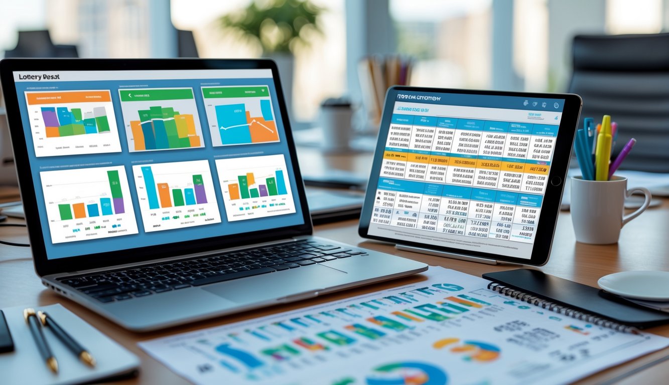 Meja kantor dengan laptop, tablet, dan dokumen berisi grafik dan data statistik lotere yang sedang dianalisis.
