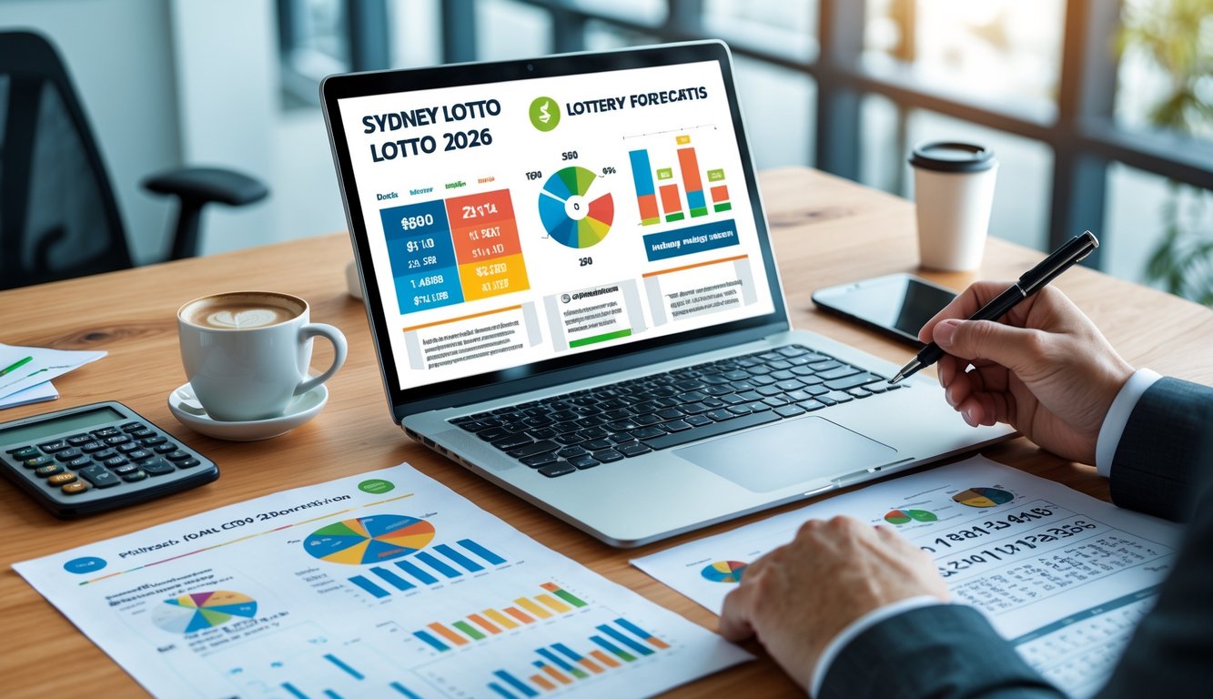 Meja kerja dengan laptop yang menampilkan grafik dan data statistik, tangan memegang pena menunjuk ke data, suasana kantor terang dengan cahaya alami.