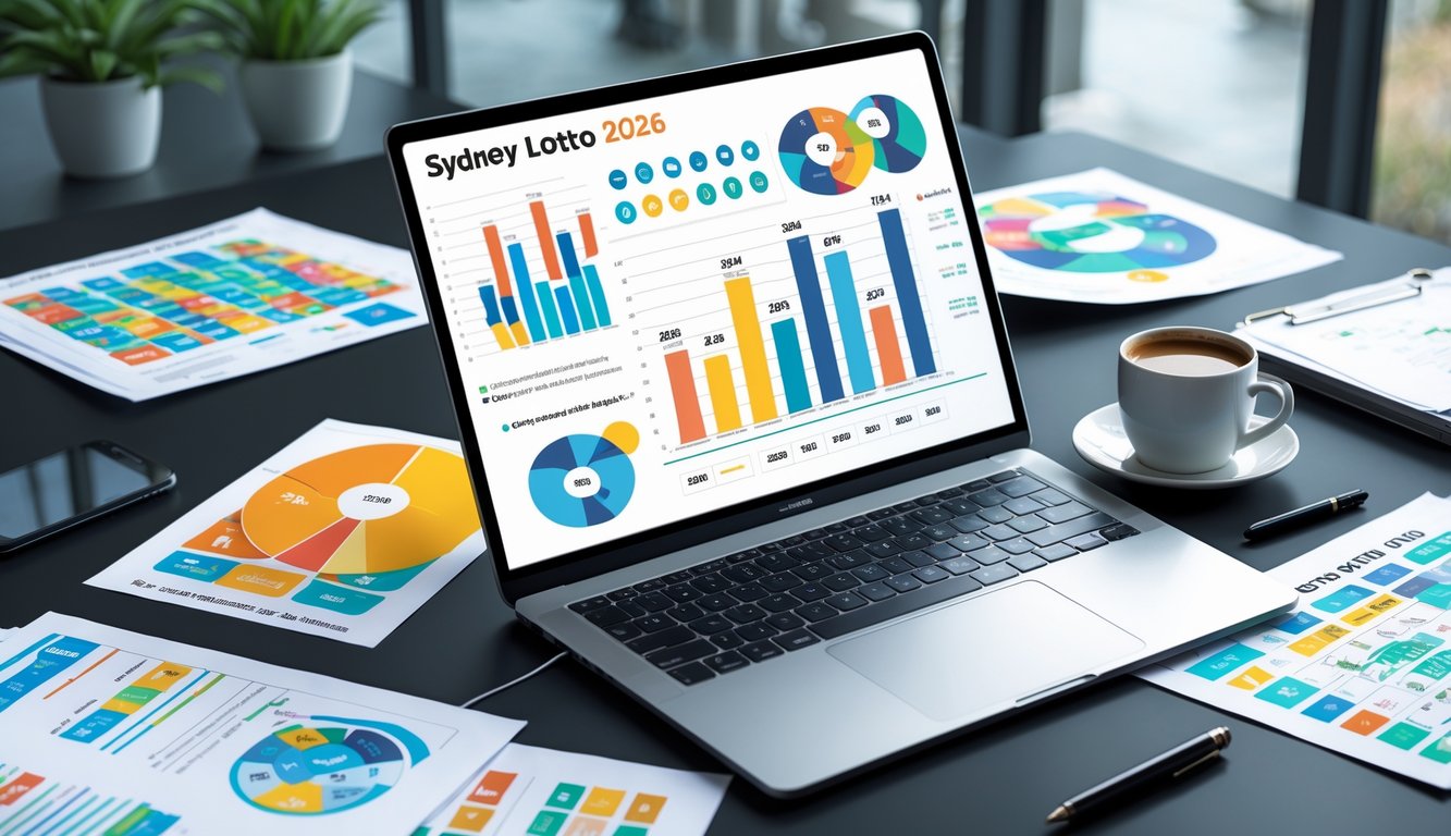 Meja kerja dengan laptop menampilkan grafik dan data angka, kertas dengan tabel dan angka, serta alat tulis dan kopi di sekitarnya.