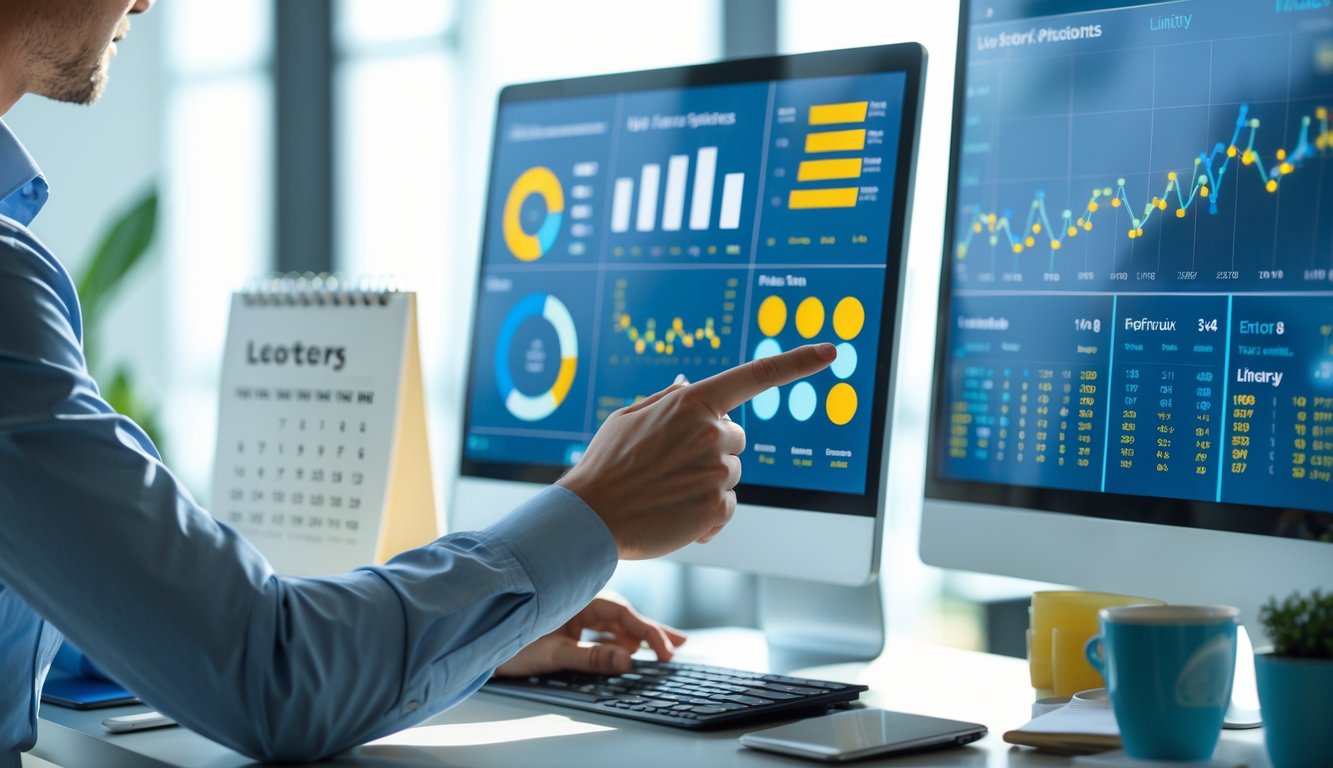 Seseorang sedang menganalisis data pola angka lotre di depan beberapa layar komputer di ruang kantor yang terang dan rapi.