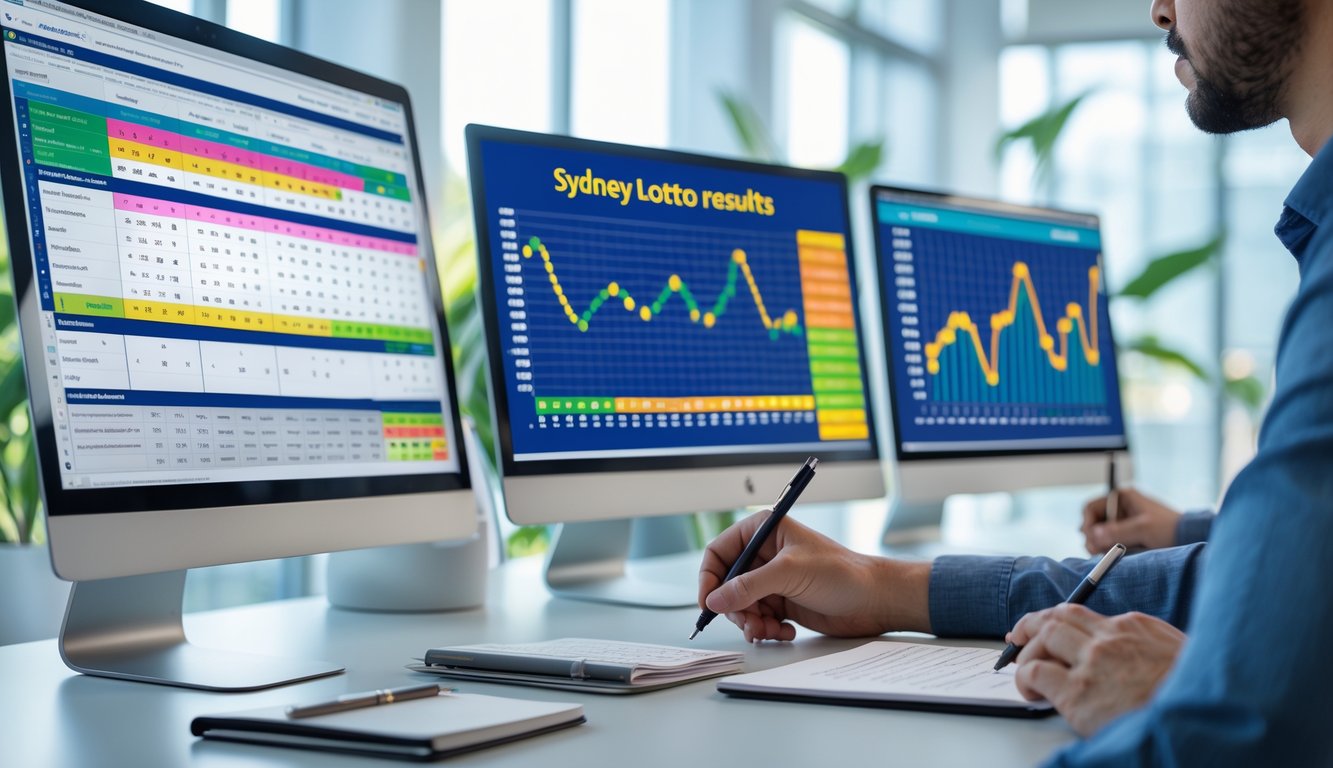 Meja kerja modern dengan beberapa layar komputer yang menampilkan data dan grafik hasil lotre Sydney, seseorang sedang menunjuk layar dan mencatat.