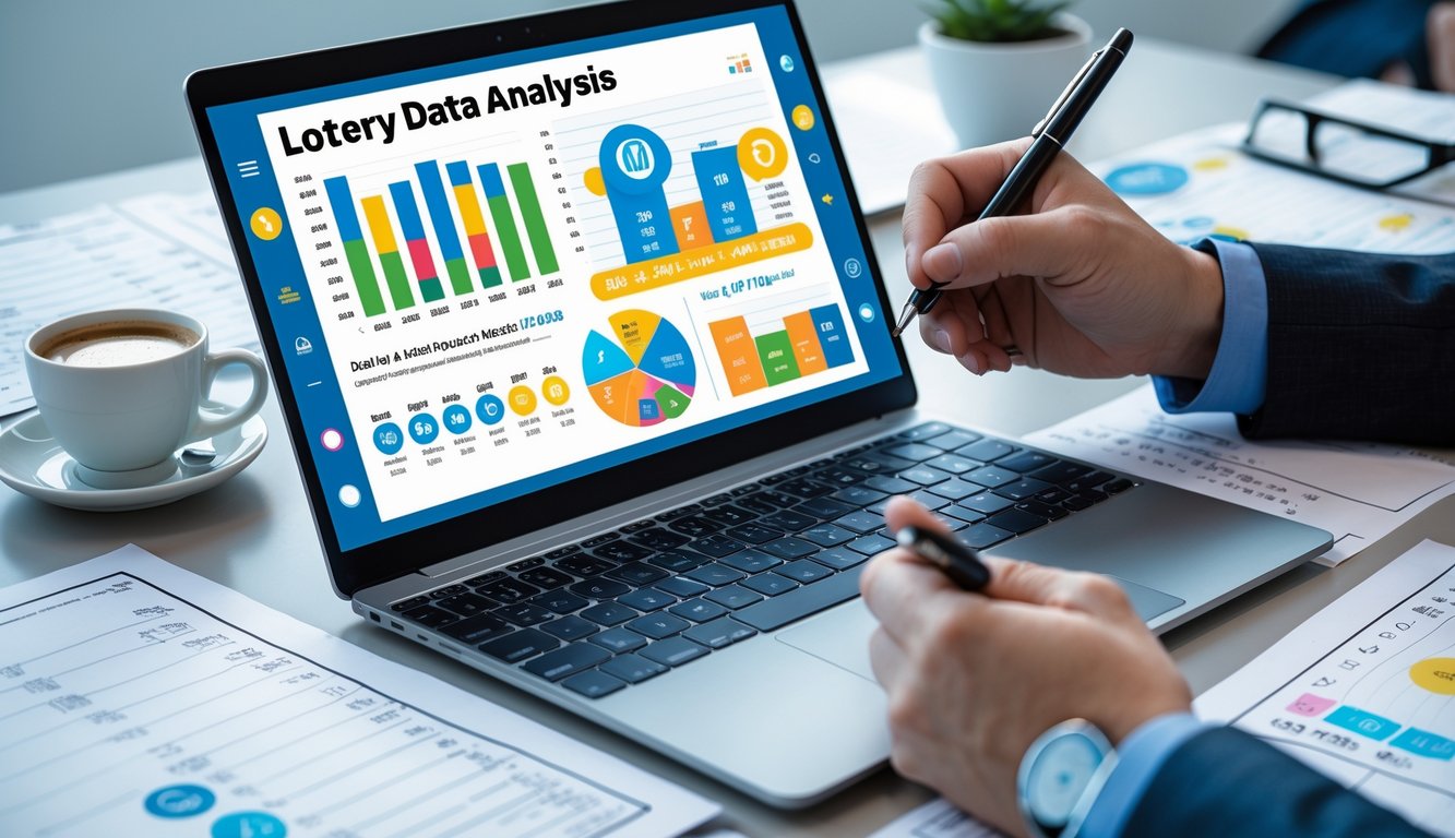 Sebuah meja kerja modern dengan laptop yang menampilkan grafik dan data angka lotere, serta tangan seseorang yang sedang menganalisis data dengan pena.