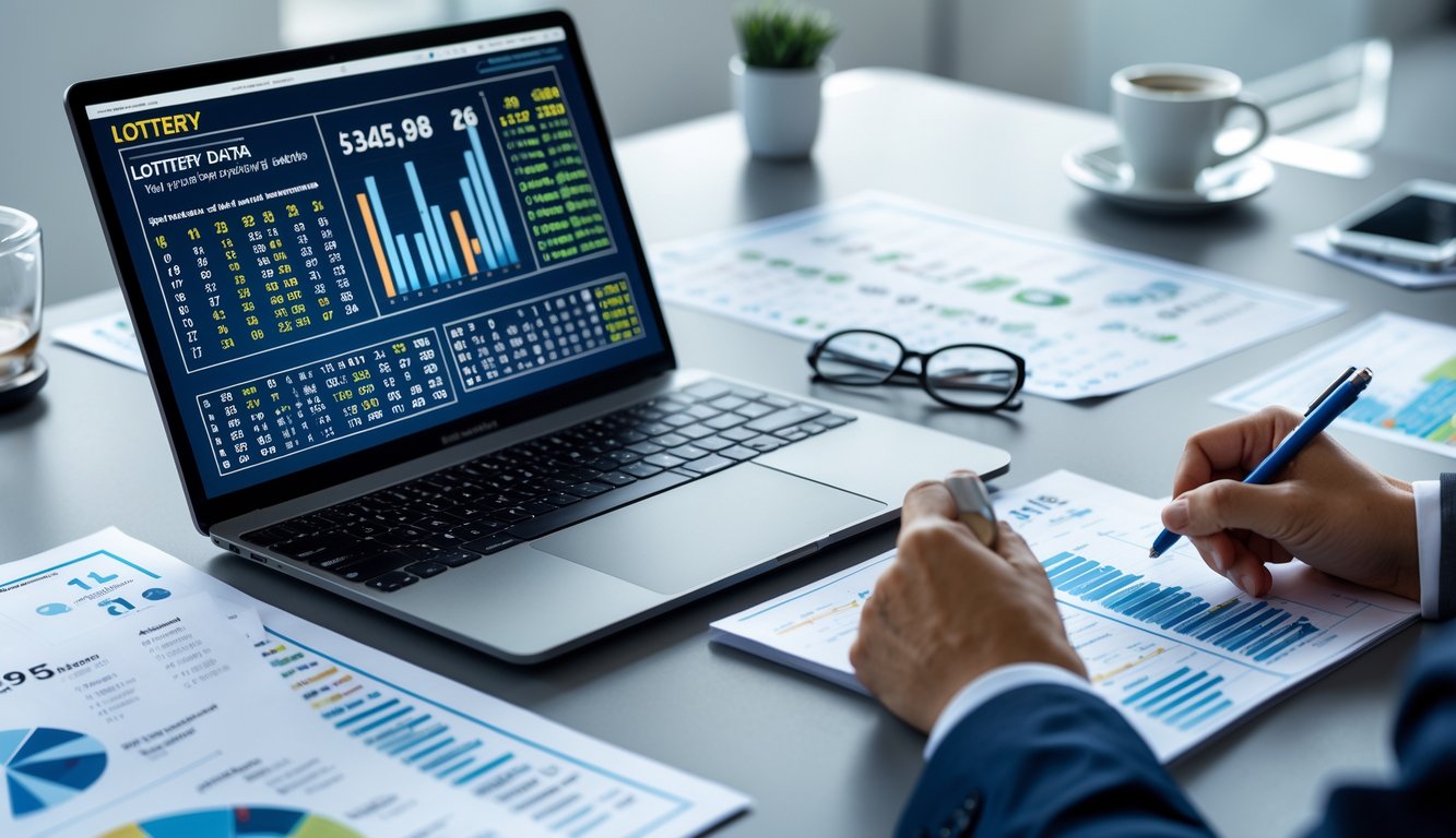 Seorang pekerja di meja kantor dengan laptop dan kertas berisi data angka, sedang menganalisis hasil lotere.