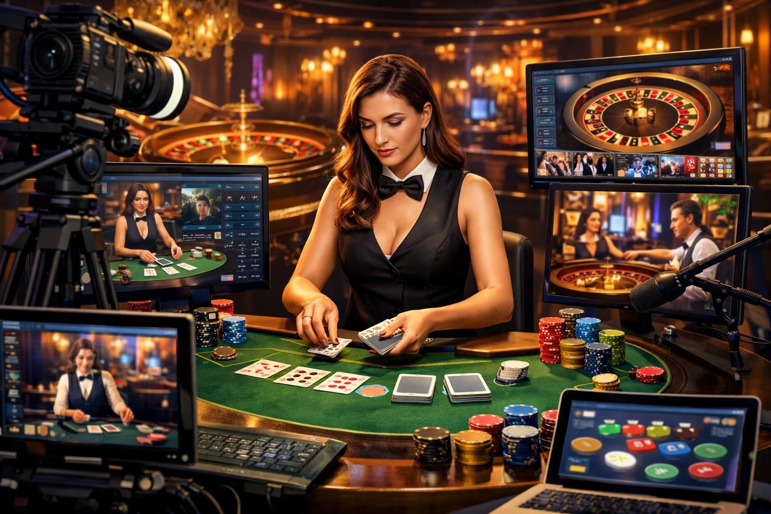 A Live Casino Scene With A Dealer At A Gaming Table Surrounded By Digital Screens And Casino Elements Like Roulette Wheels And Poker Chips.