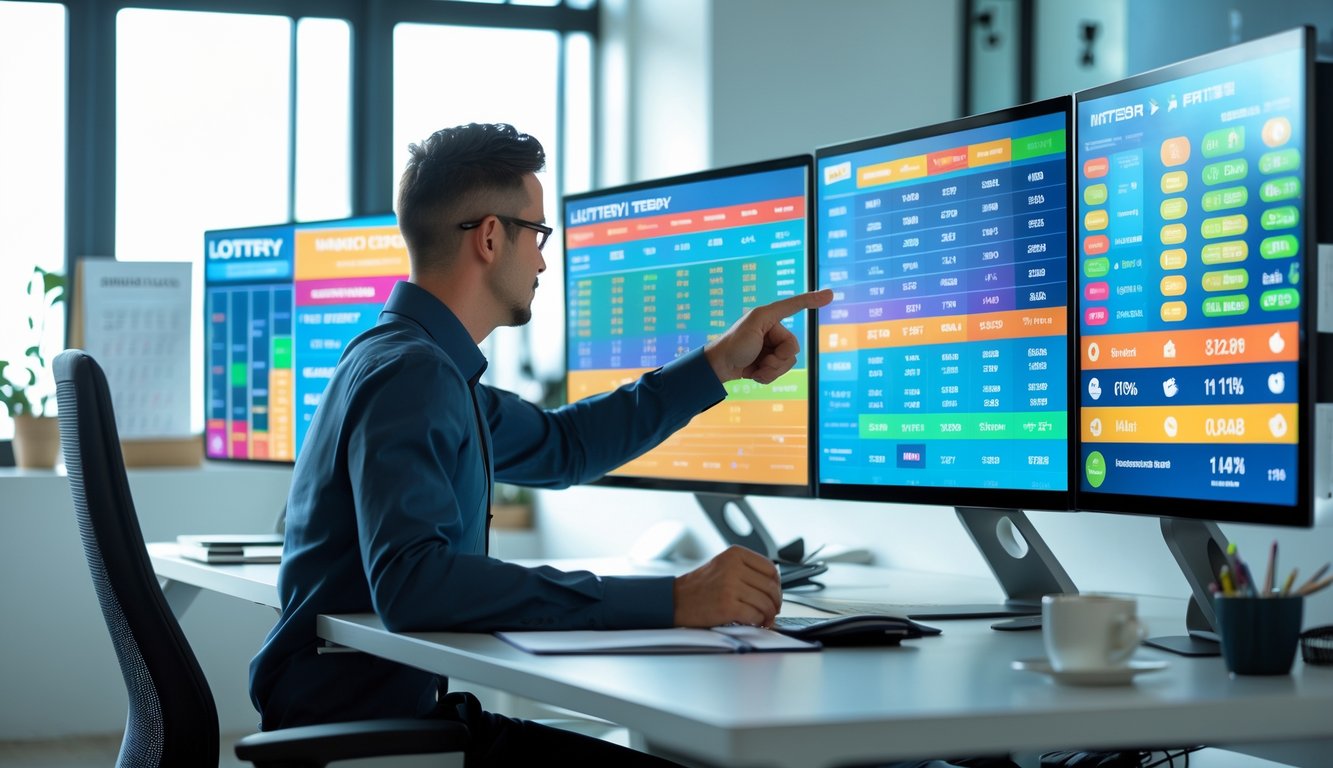 Seorang profesional sedang menganalisis data dan statistik angka lotre di depan beberapa monitor komputer di ruang kerja modern.