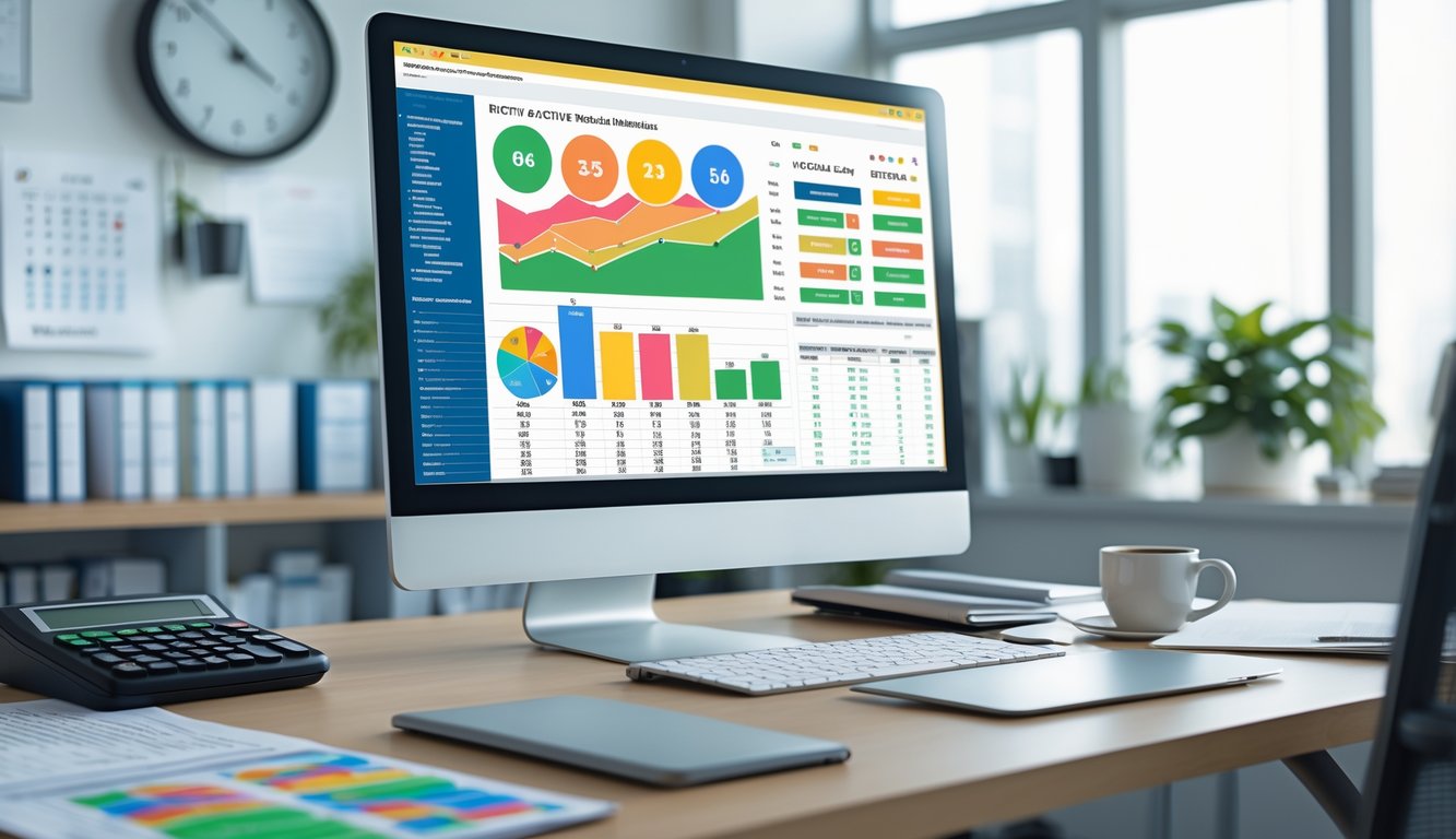 Sebuah ruang kerja modern dengan komputer yang menampilkan grafik dan data angka lotre, dikelilingi dokumen dan alat tulis di atas meja.